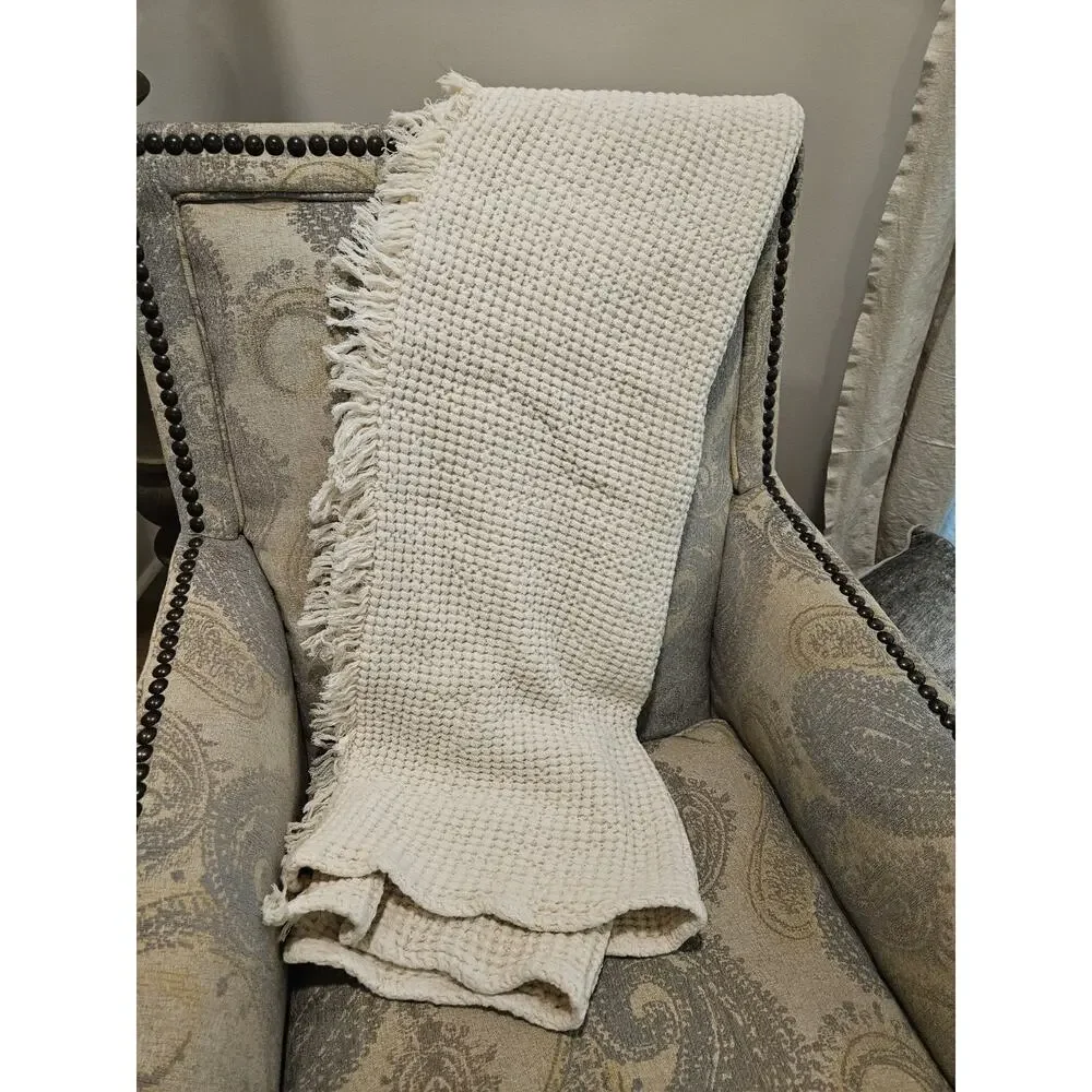 Anthropologie Tasselled Throw Blanket Cream Off White Color 44x48 Waffle Cotton